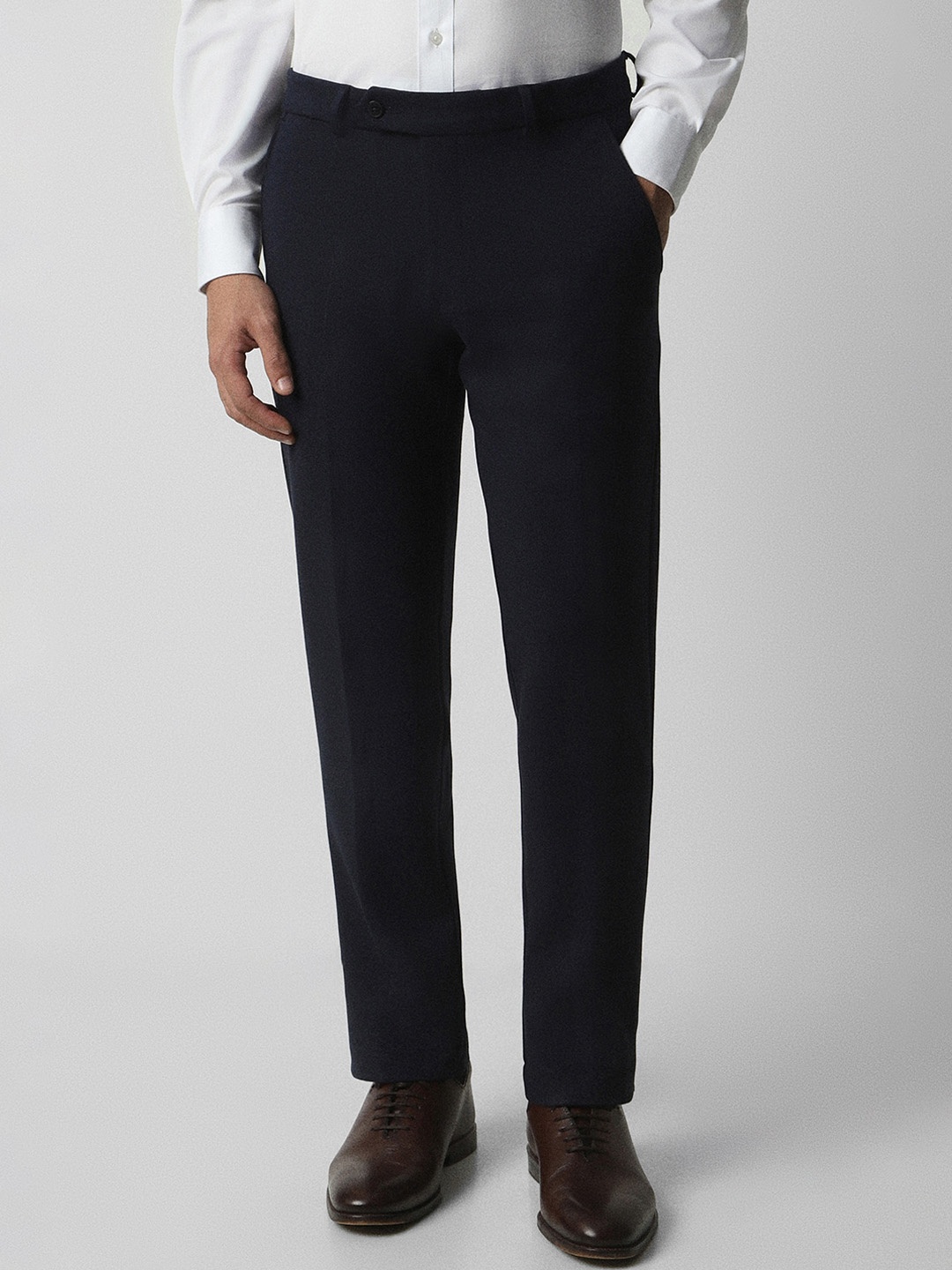 

Van Heusen Men Mid-Rise Textured Slim Fit Formal Trousers, Navy blue