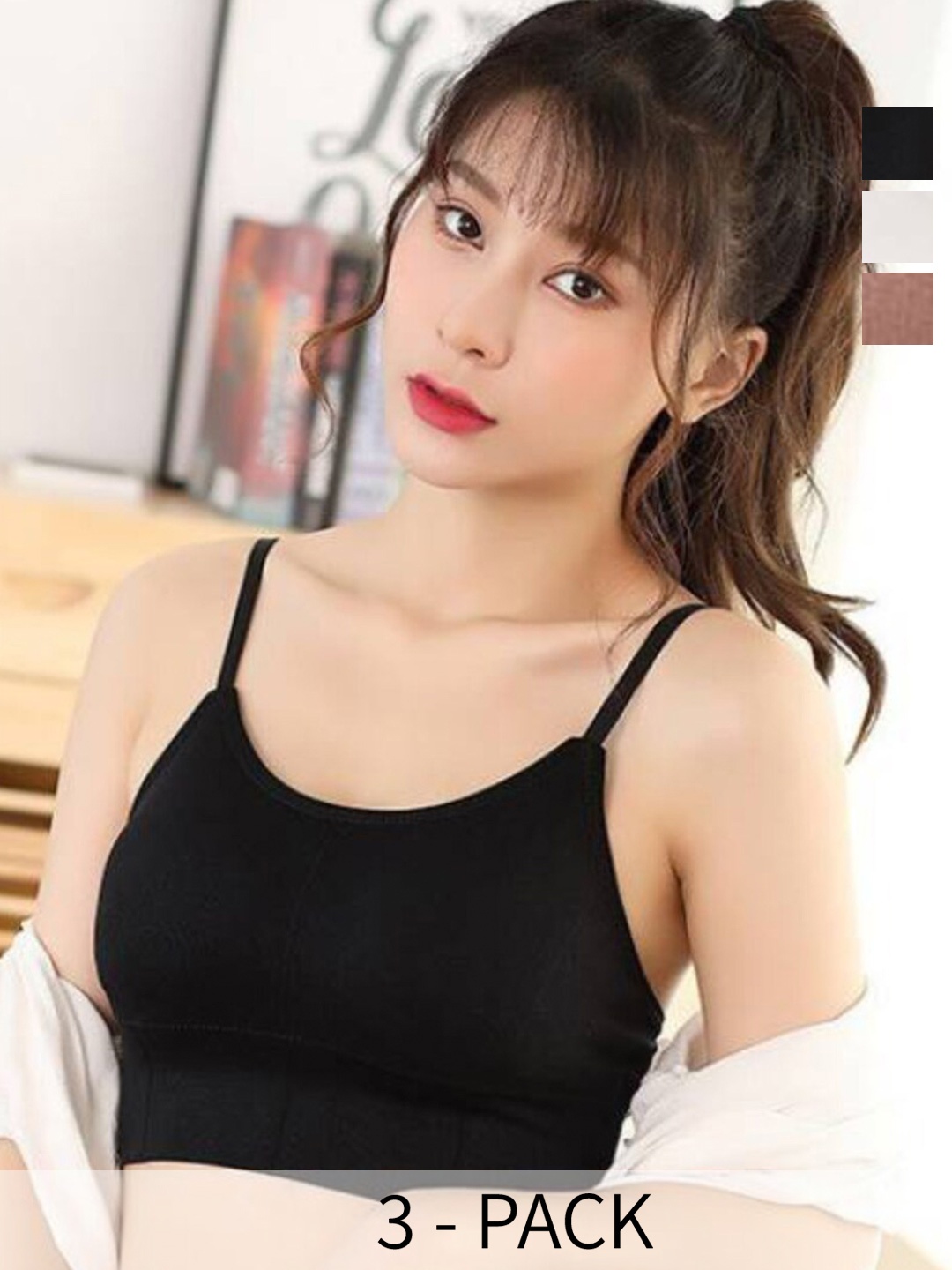 

UNDER 1000 Pack Of 3 Bra Full Coverage Rapid-Dry Cotton Camisole Bra With All Day Comfort, Black