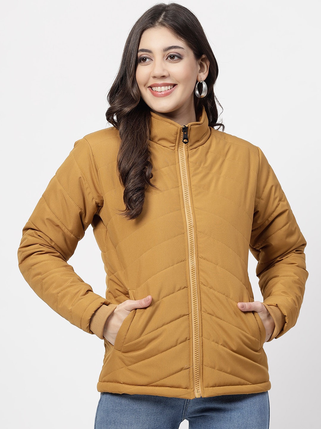 

WELL QUALITY Mock Collar Dry Fit Water Resistant Puffer Jacket, Mustard