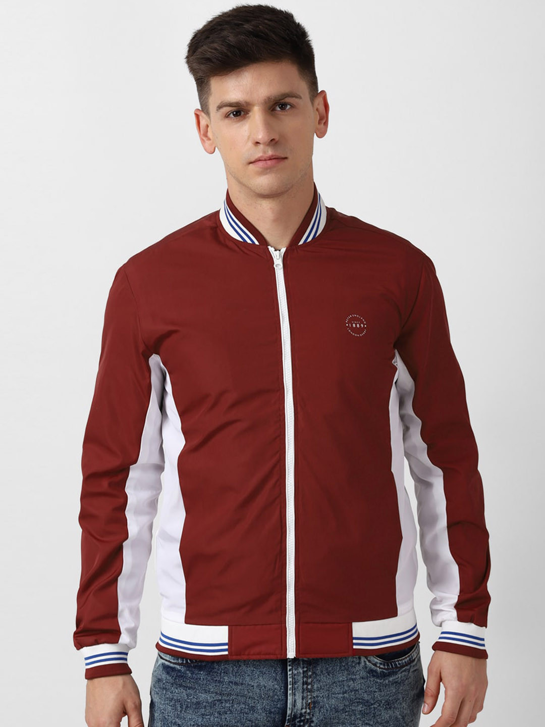 

Peter England Casuals Mock Collar Bomber Jacket, Maroon