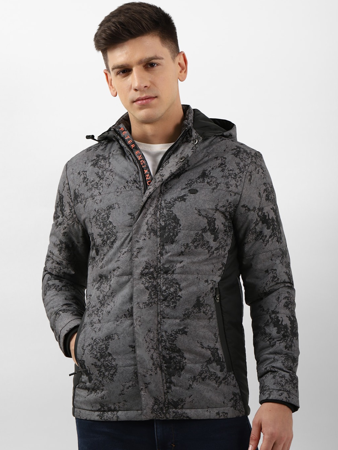 

Peter England Casuals Abstract Printed Hooded Padded Jacket, Grey