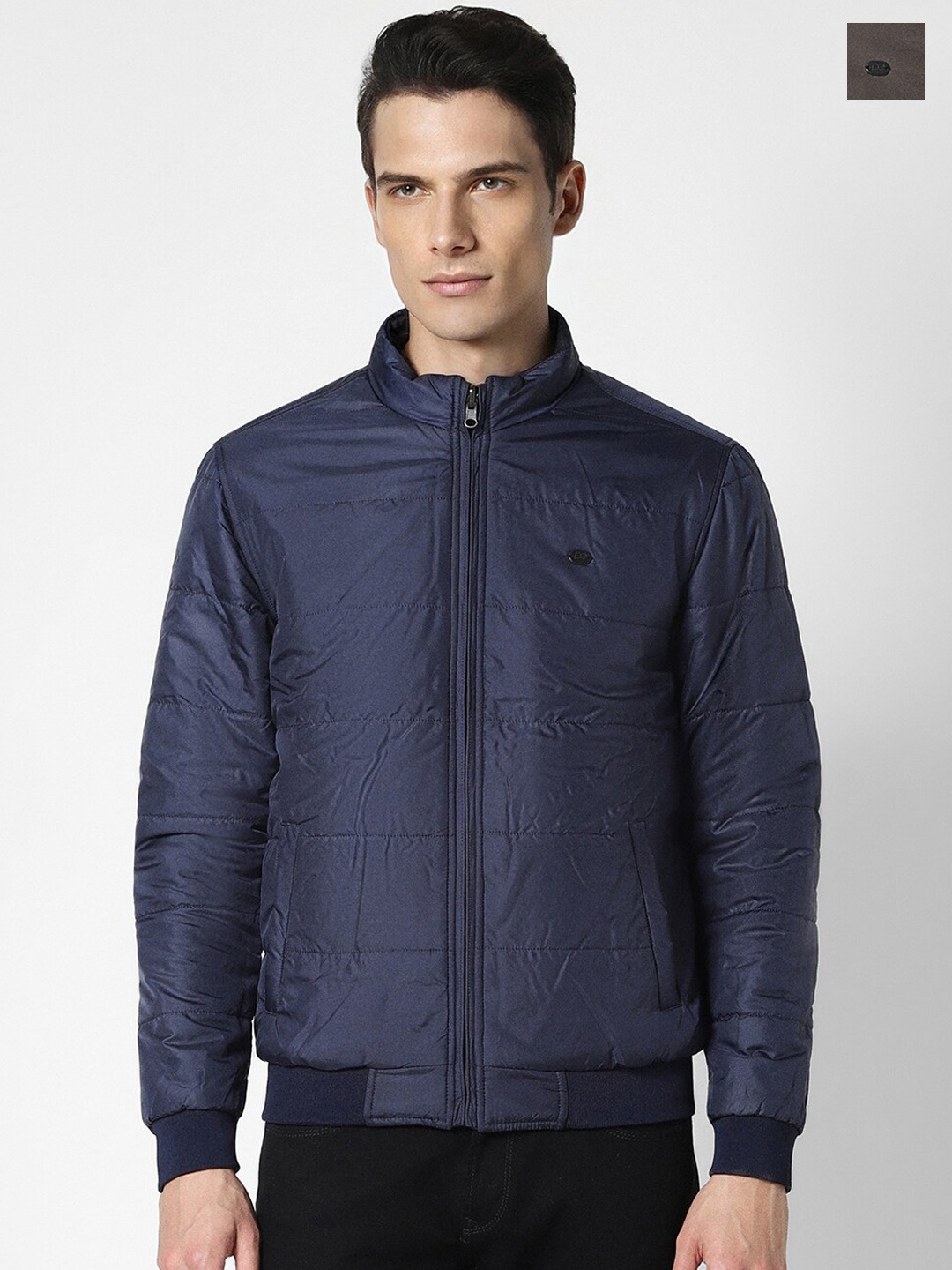 

Peter England Casuals Mock Collar Reversible Bomber Jacket, Blue