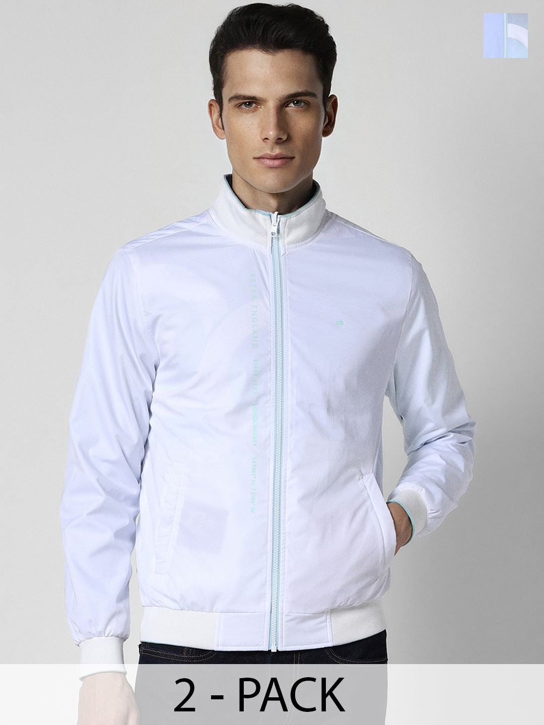 

Peter England Casuals Mock Collar Reversible Bomber Jacket, Blue