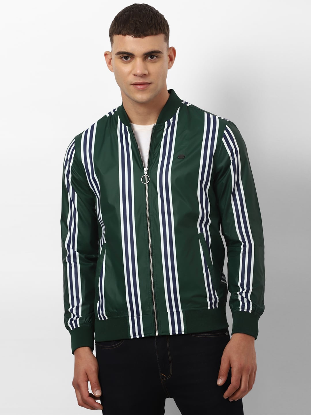 

Peter England Casuals Striped Mock Collar Bomber Jacket, Green