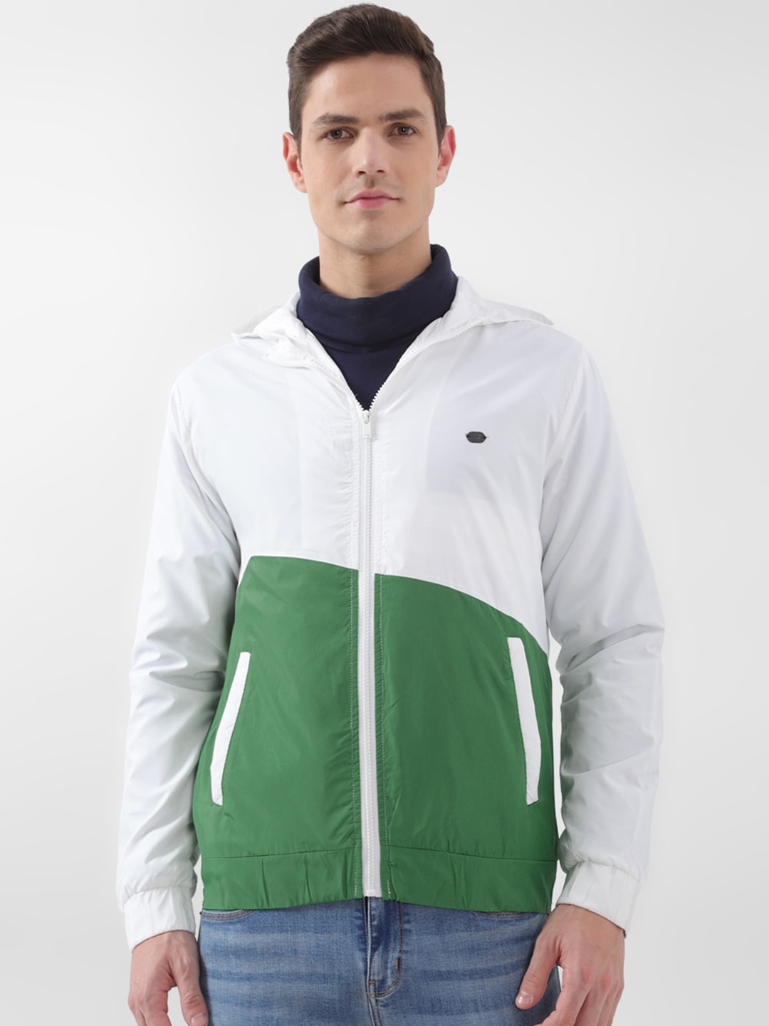 

Peter England Casuals Colourblocked Hooded Bomber Jacket, Green