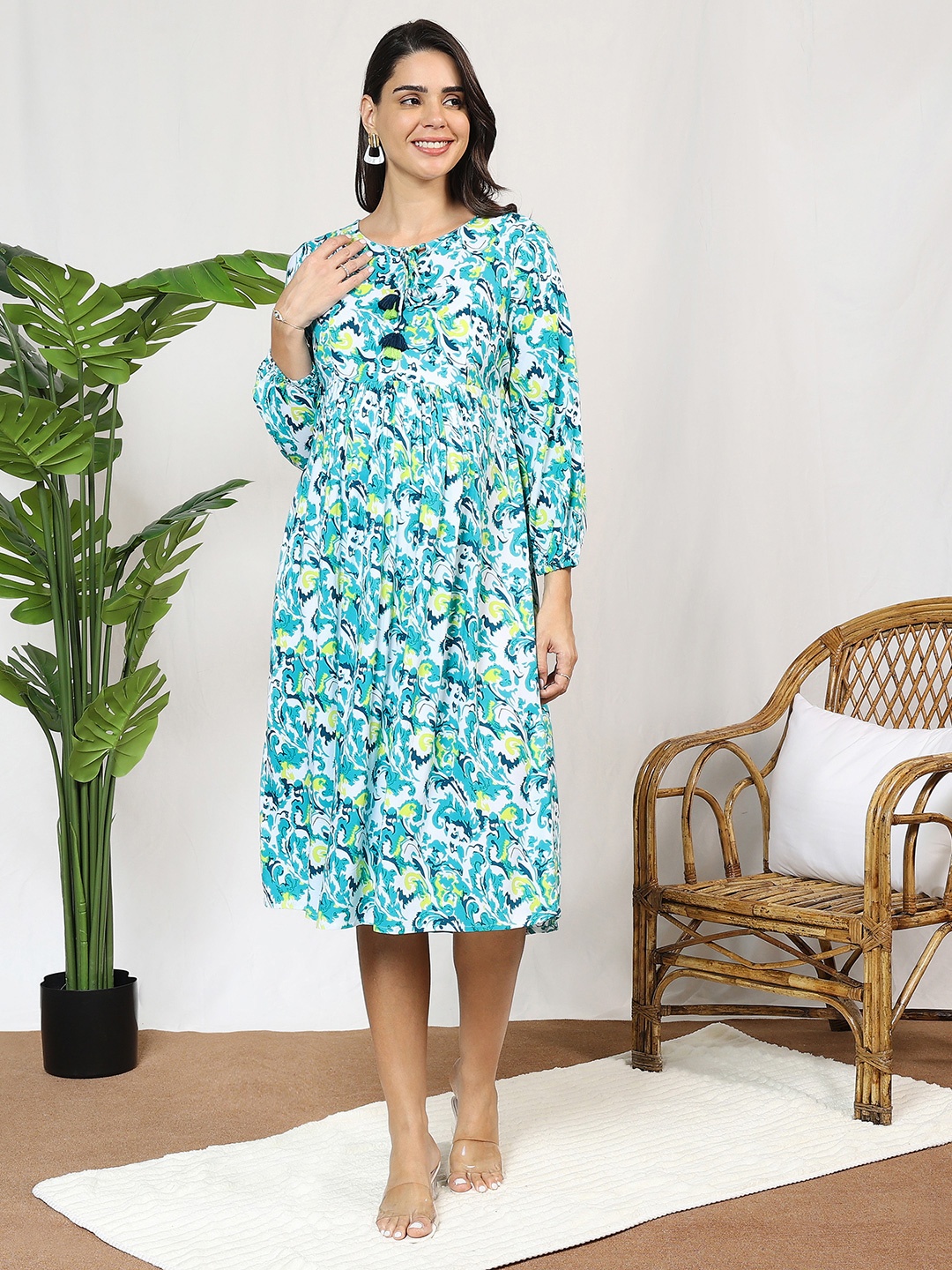 

MomToBe Floral Printed Maternity Fit and Flare Midi Dress, Turquoise blue