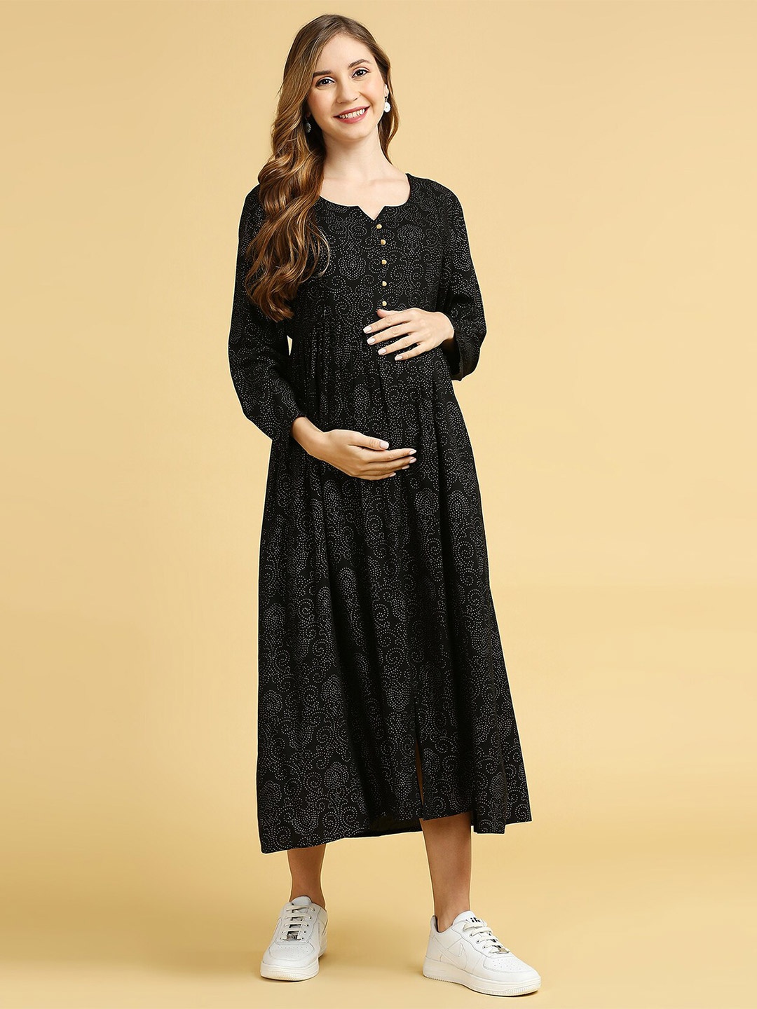 

MomToBe Floral Printed Maternity A-Line Midi Dress, Black