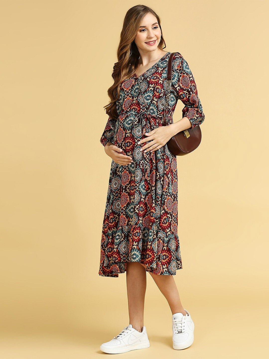 

MomToBe Floral Printed V-Neck Puff Sleeves Wrap Midi Maternity Dress, Brown