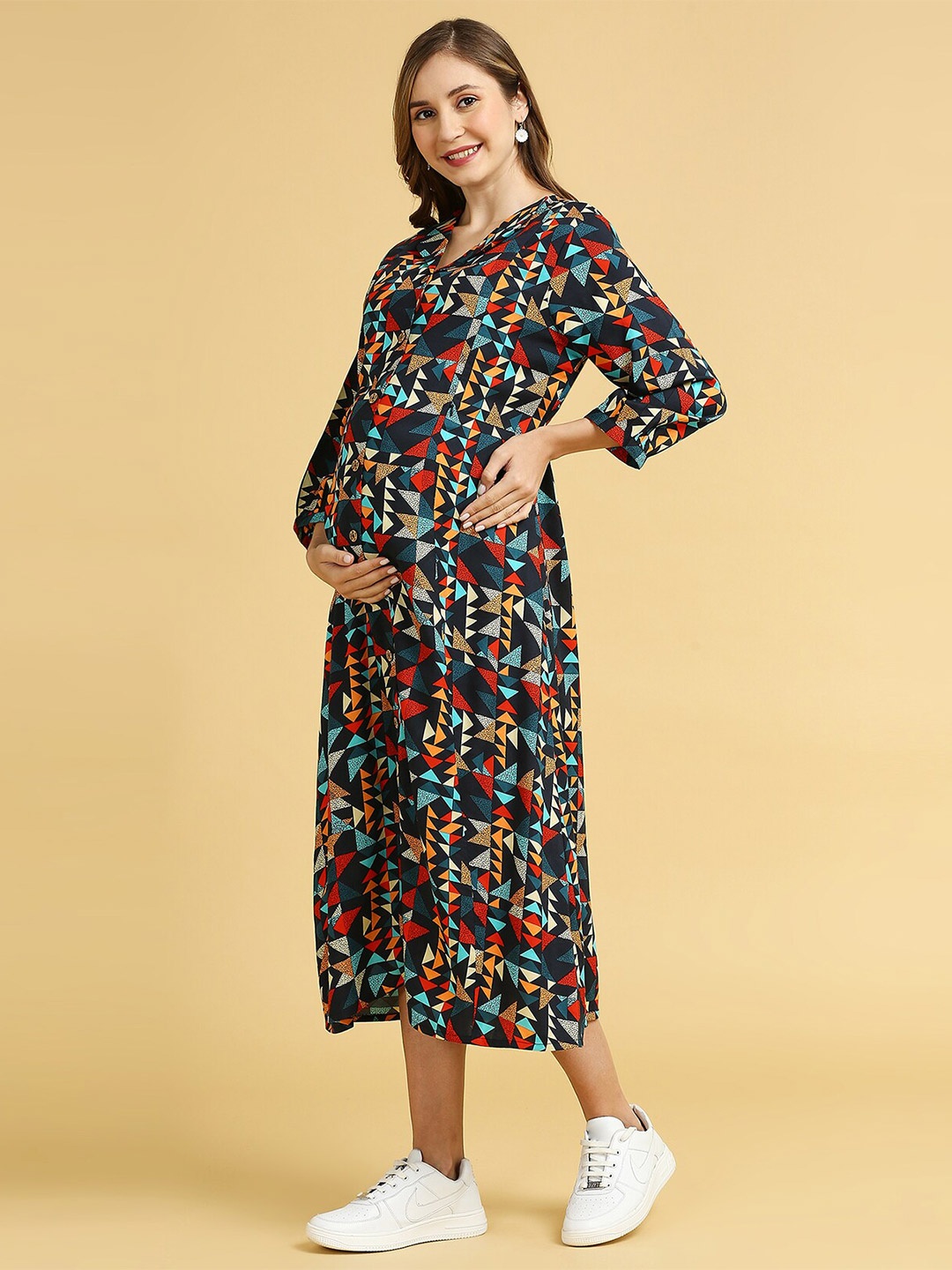 

MomToBe Geometric Printed Lapel Collar Tie-Ups Shirt Midi Maternity Dress, Blue
