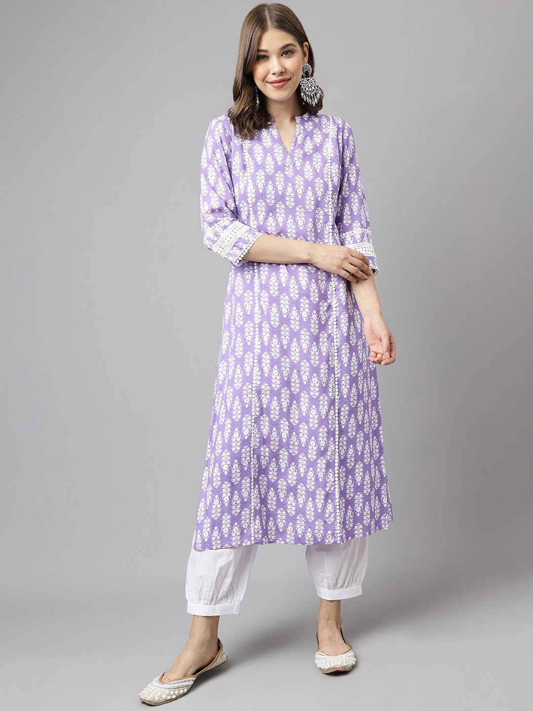 

FIORRA Floral Printed Pure Cotton Straight Kurta With Trousers, Purple