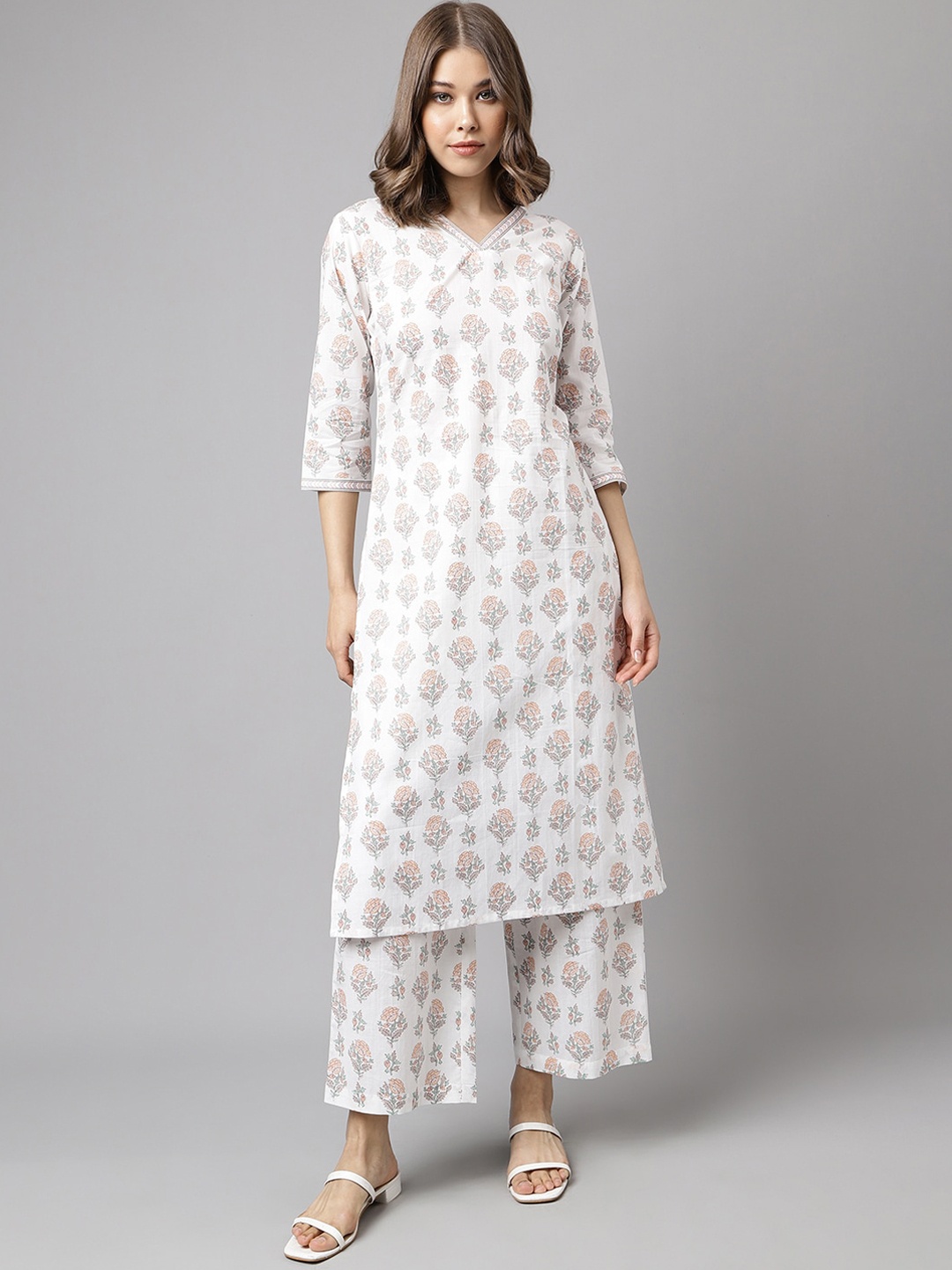 

FIORRA Floral Printed Pure Cotton Straight Kurta With Palazzos, White