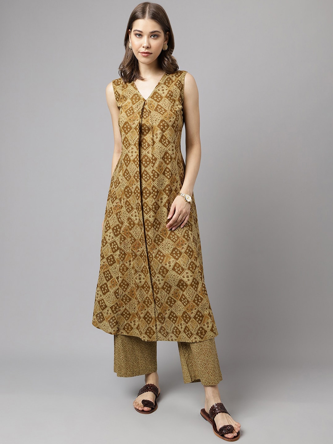 

FIORRA Ethnic Motifs Printed Pure Cotton A-Line Kurta With Palazzos, Brown