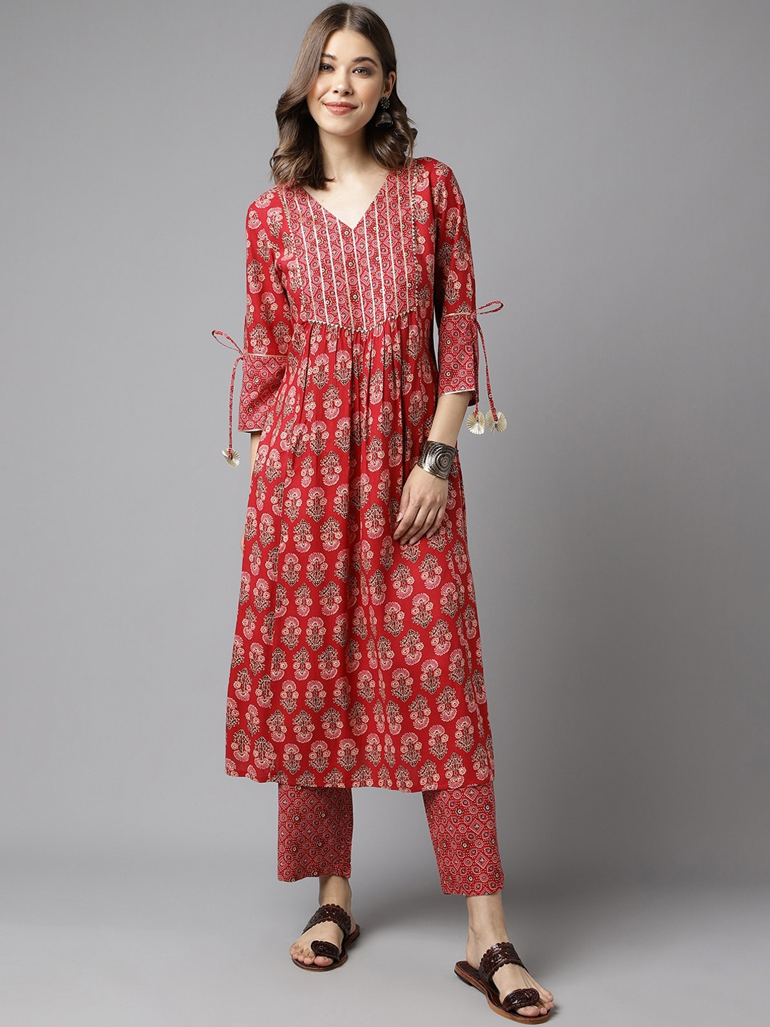 

FIORRA Ethnic Motifs Printed Pure Cotton A-Line Kurta With Trousers, Red