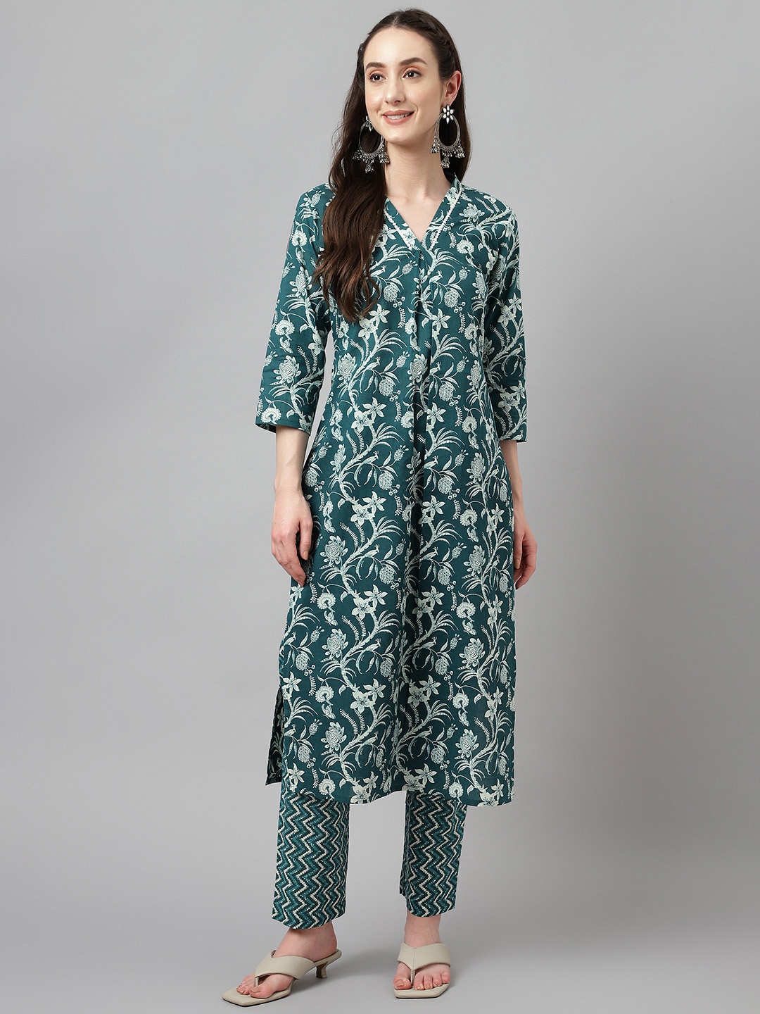 

FIORRA Floral Printed Pure Cotton A-Line Kurta With Trousers, Teal