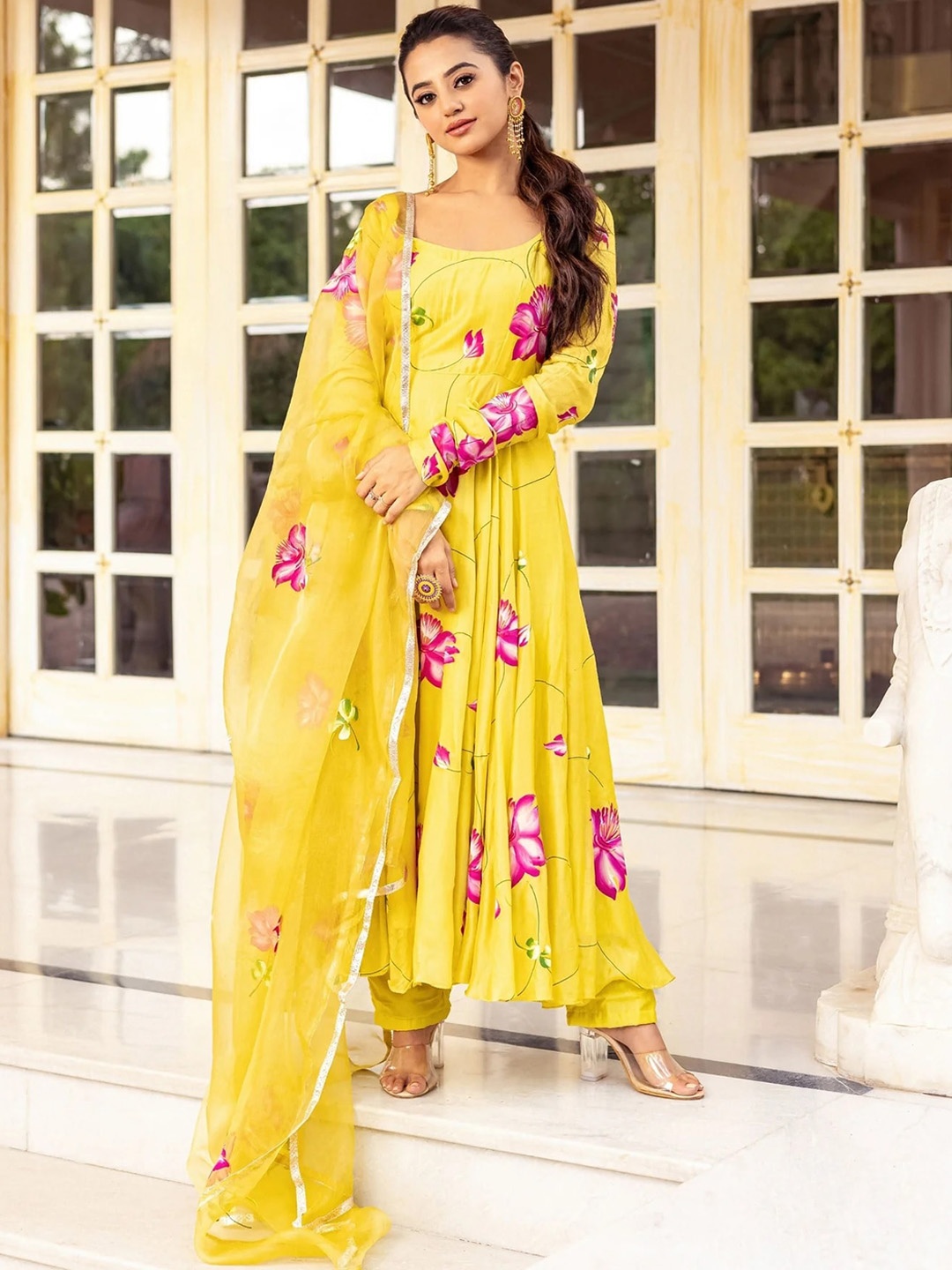 

Twika Floral Printed Anarkali Pleated Kurta With Trousers & Dupatta, Yellow