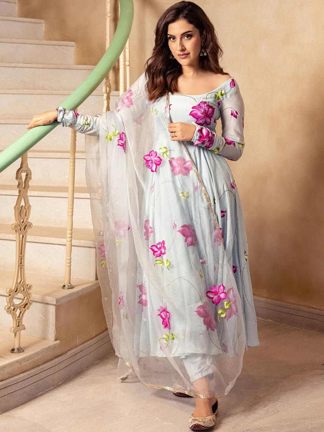 

Twika Floral Printed Anarkali Pleated Kurta With Trousers & Dupatta, Sea green