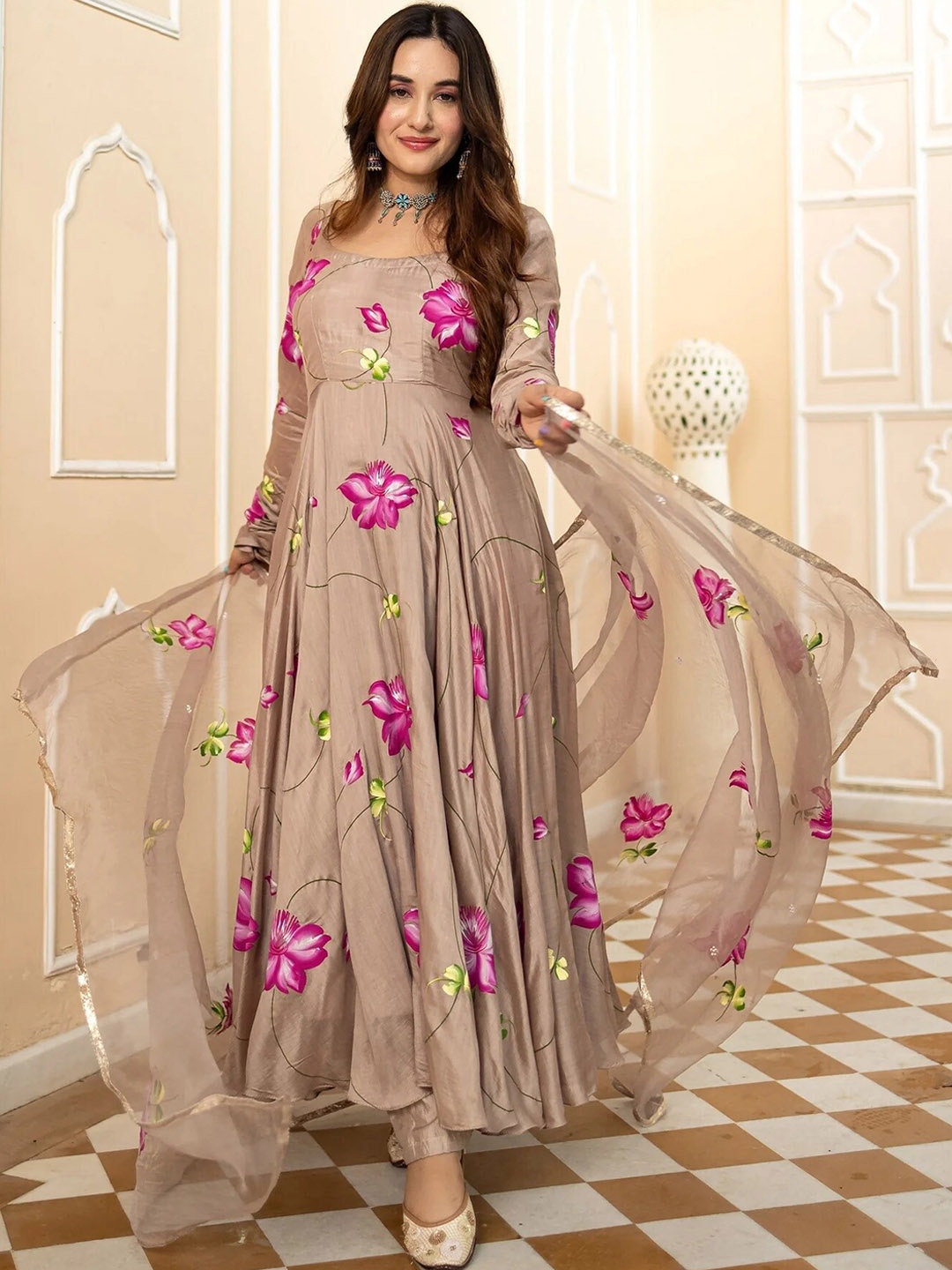 

Twika Floral Printed Anarkali Pleated Kurta With Trousers & Dupatta, Grey