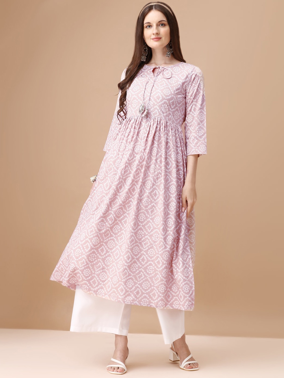 

KALINI Bandhani Printed Tie-Up Neck Pleated A-Line Kurta, Pink