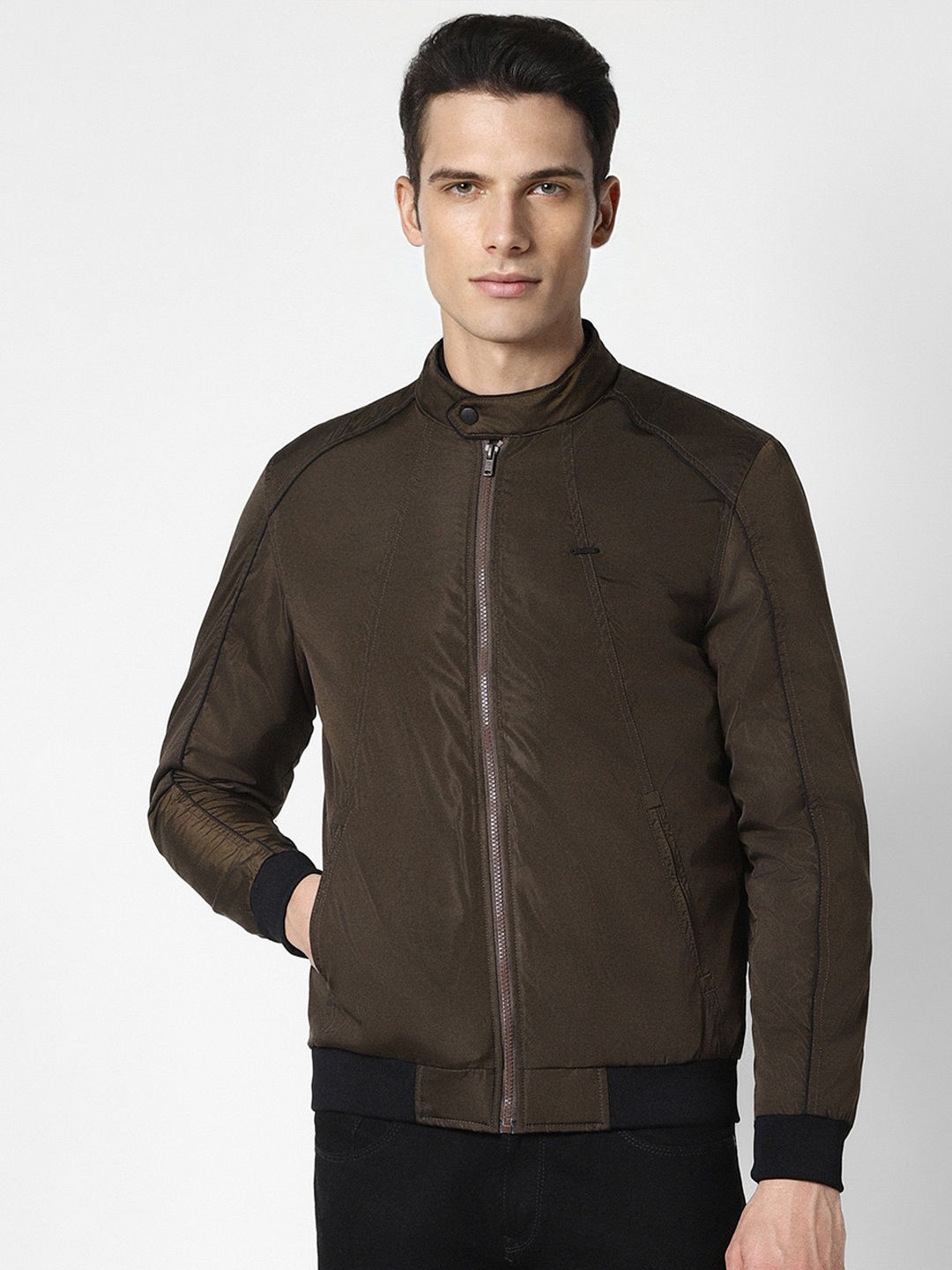 

PETER ENGLAND UNIVERSITY Mock Collar Long Sleeves Bomber Jacket, Brown