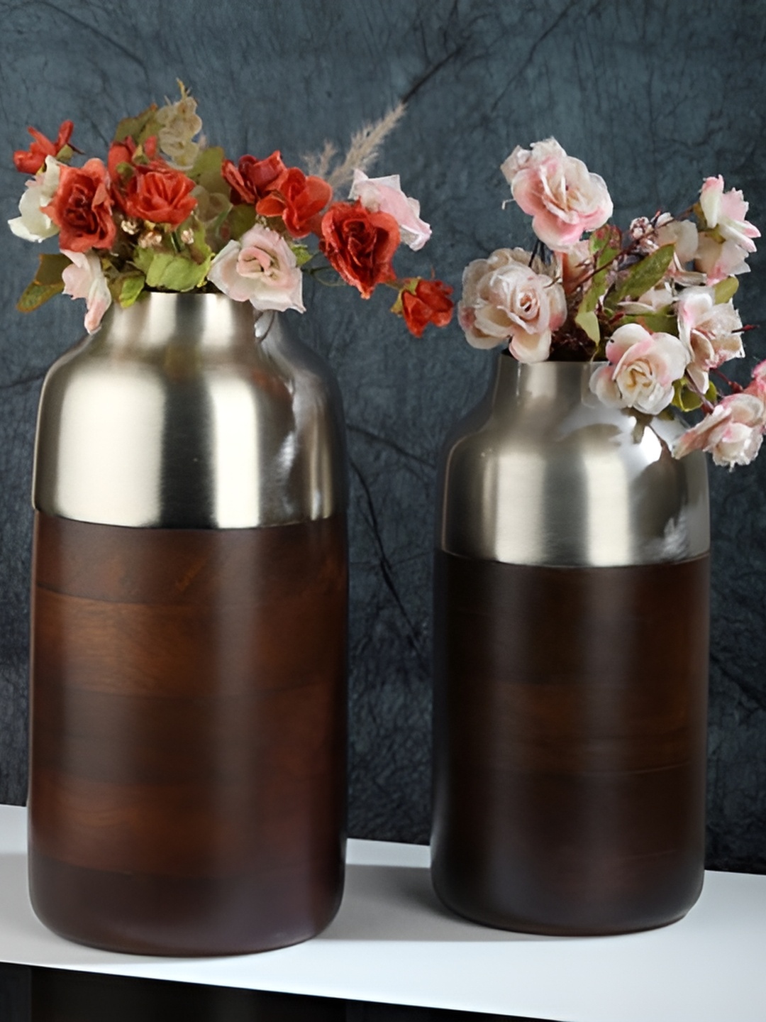 

Decor de Maison 2 Pcs White Wooden Vases, Silver
