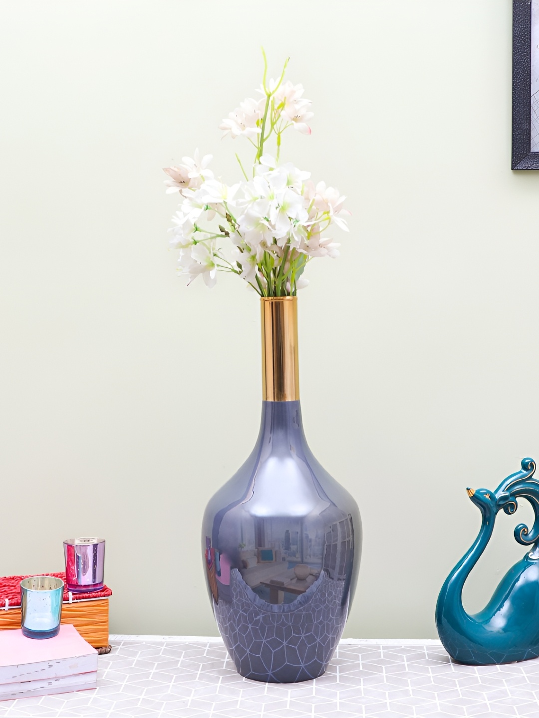 Decor de Maison Teal Blue Brass Flower Vase