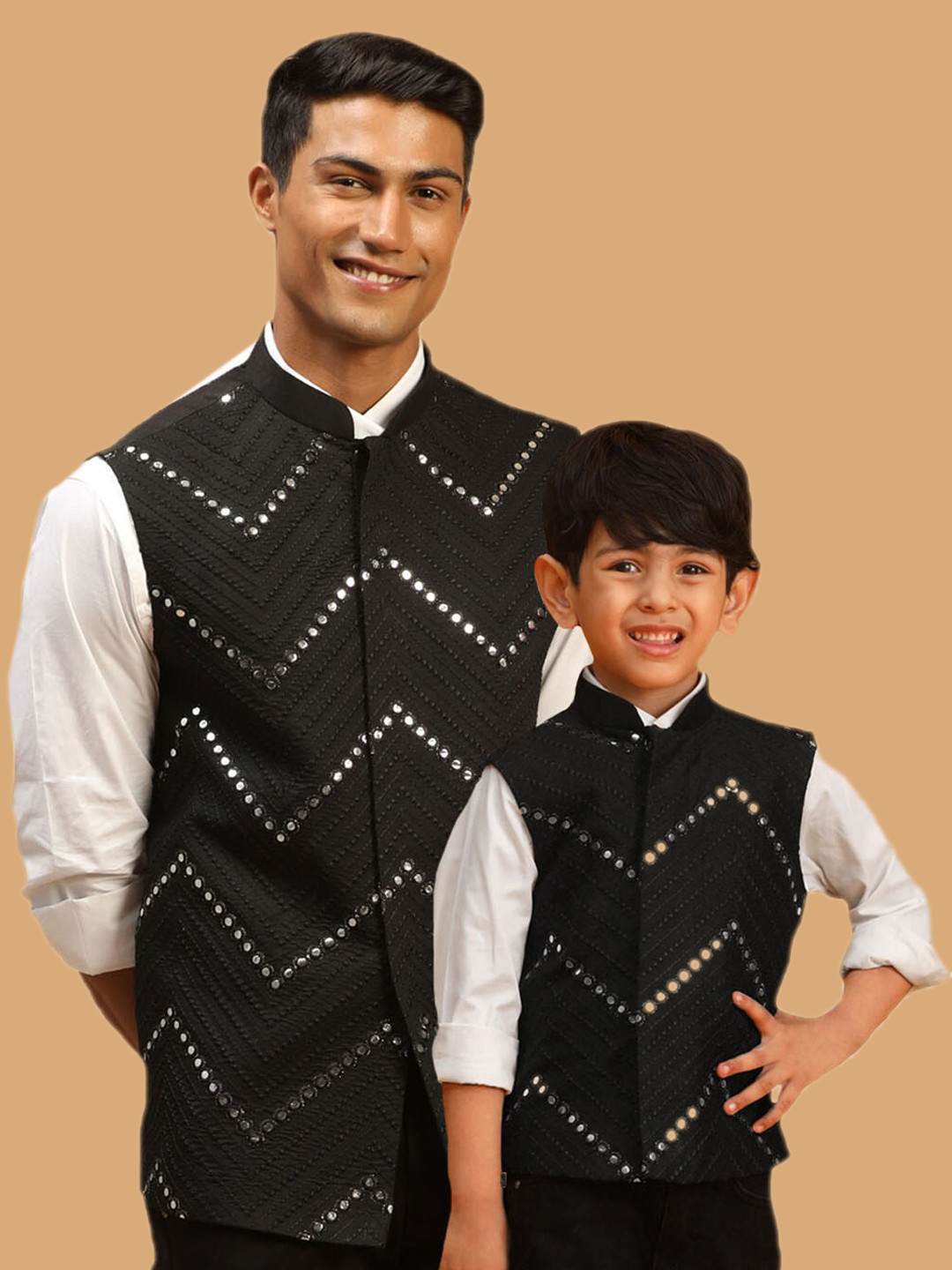

VASTRAMAY Chevron Mirror Work Embroidered Slim-Fit Nehru Jackets, Black
