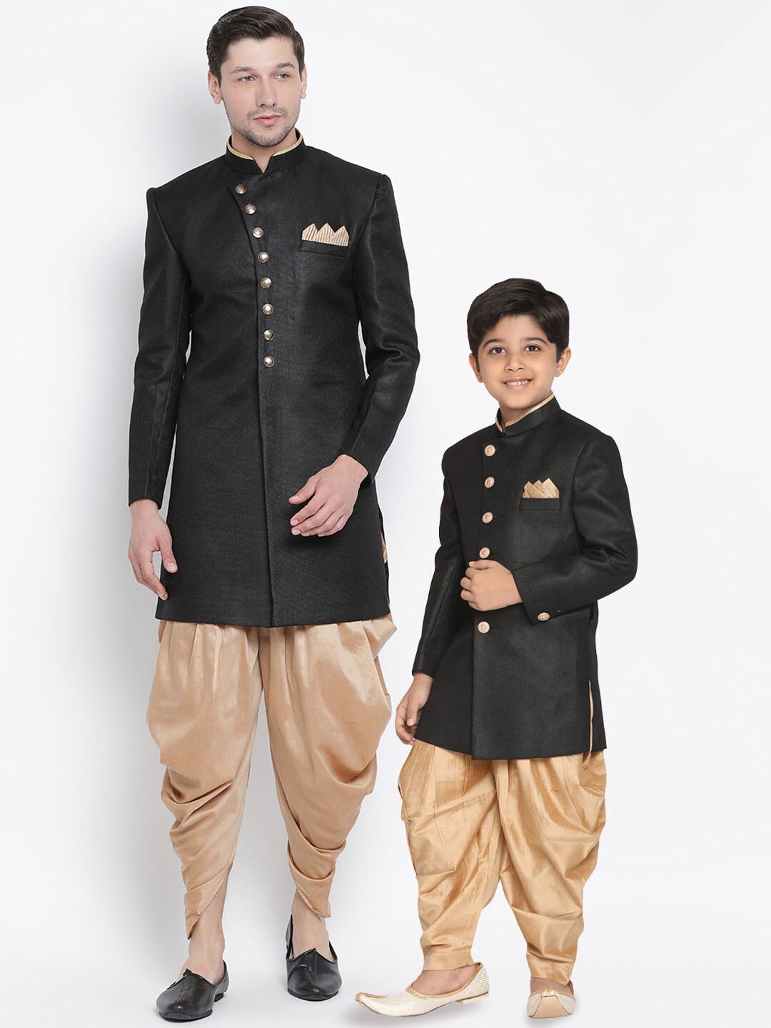 

VASTRAMAY Self Design Mandarin Collar Long Sleeve Jute Cotton Kurta With Dhoti Pants, Black