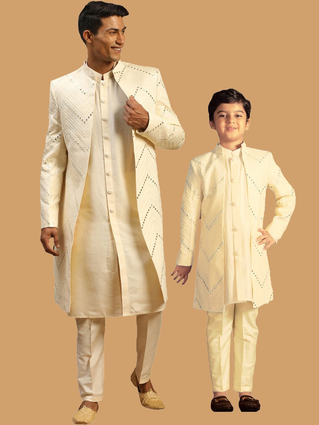 VASTRAMAY Self-Design Mirror Work Slim-Fit Sherwani Set, Cream
