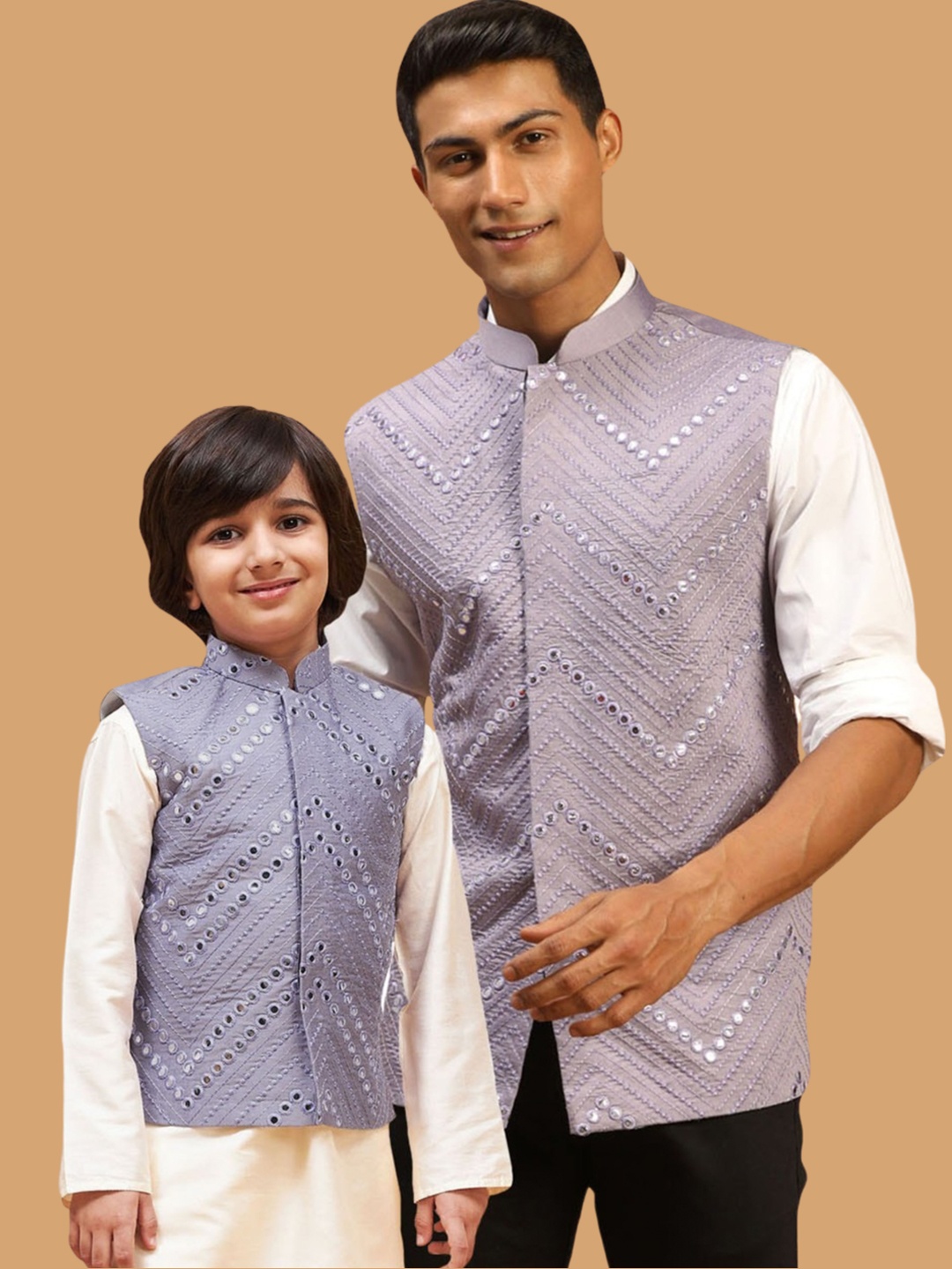 

VASTRAMAY Chevron Mirror Work Embroidered Slim-Fit Nehru Jackets, Purple