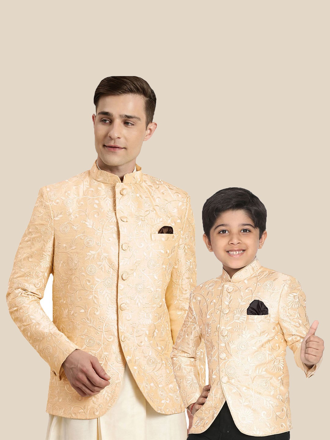 

VASTRAMAY Floral Embroidered Slim Fit Bandhgala Blazer, Beige