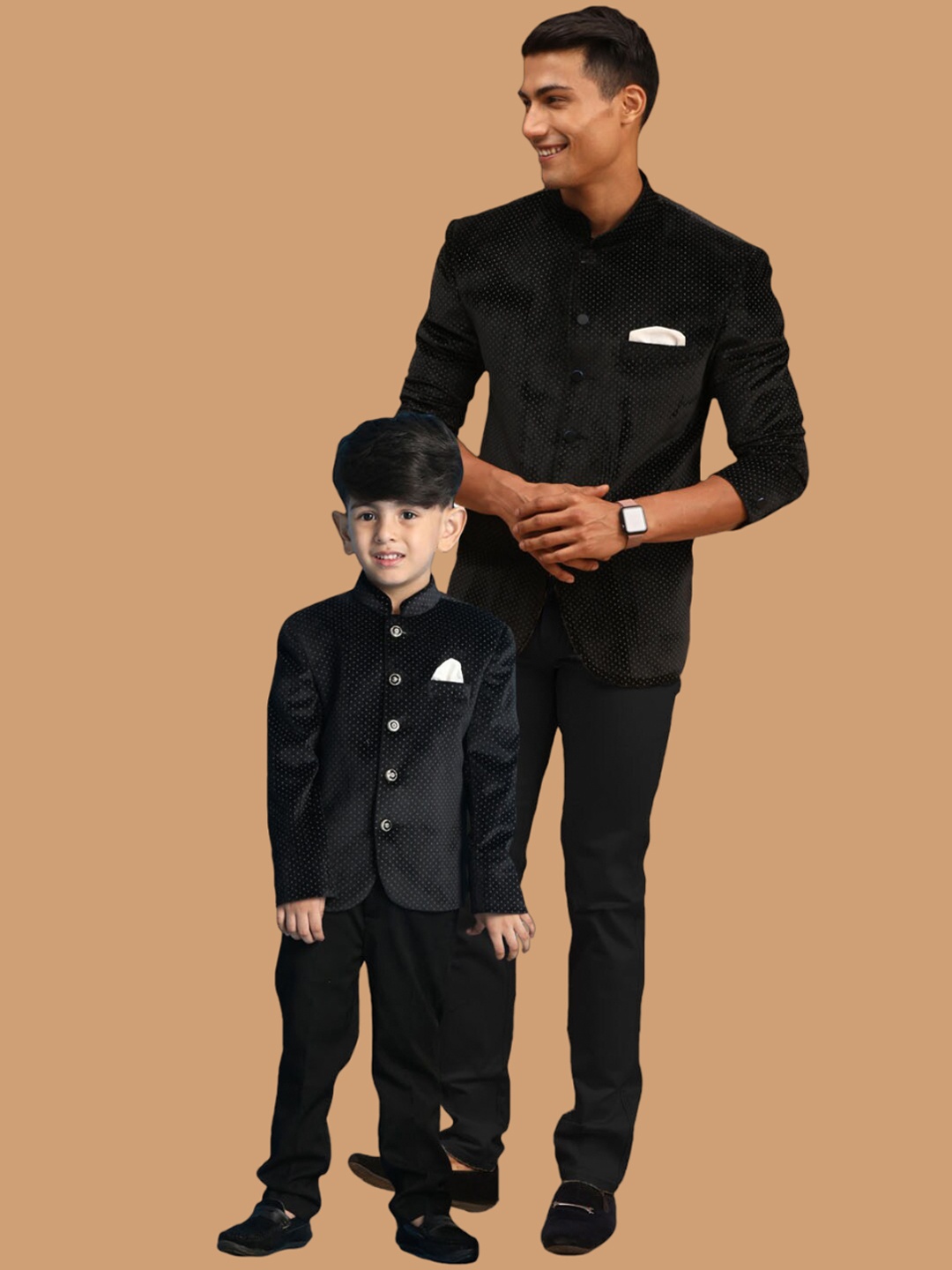 

VASTRAMAY Polka Dot Printed Slim Fit Bandhgala Blazer, Black