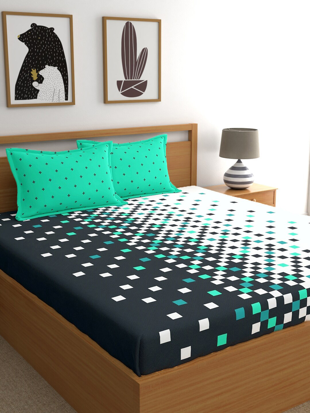 

Home Ecstasy Turquoise Blue & White Cotton 140 TC Super King Bedsheet with 2 Pillow Covers