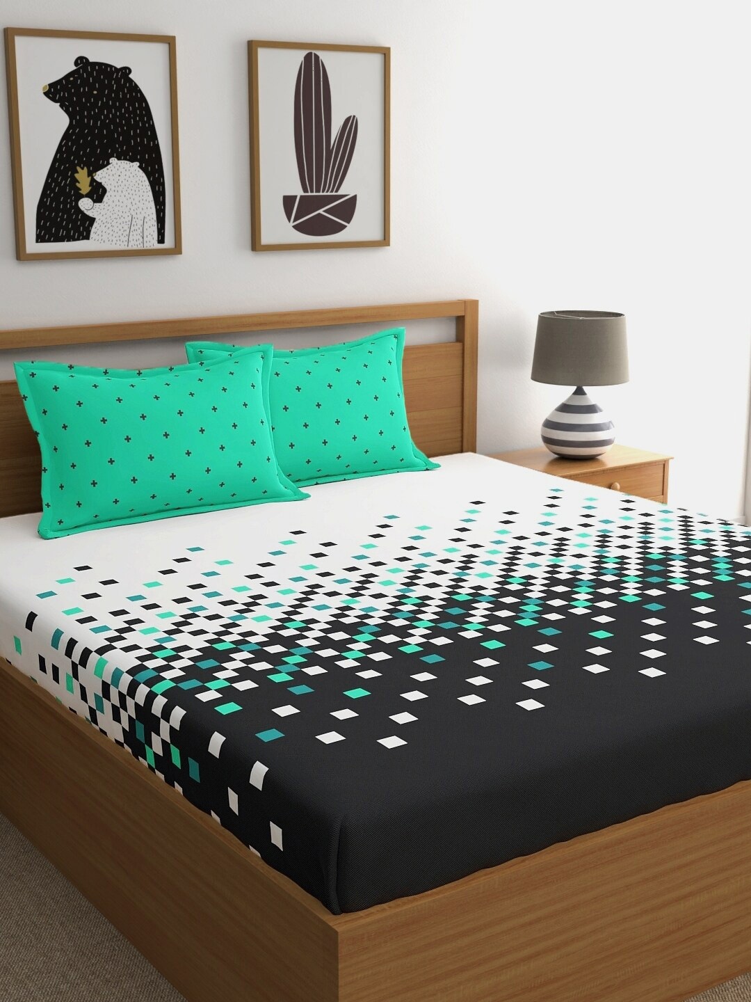 

Home Ecstasy Turquoise Blue & White Cotton 140 TC Queen Bedsheet with 2 Pillow Covers