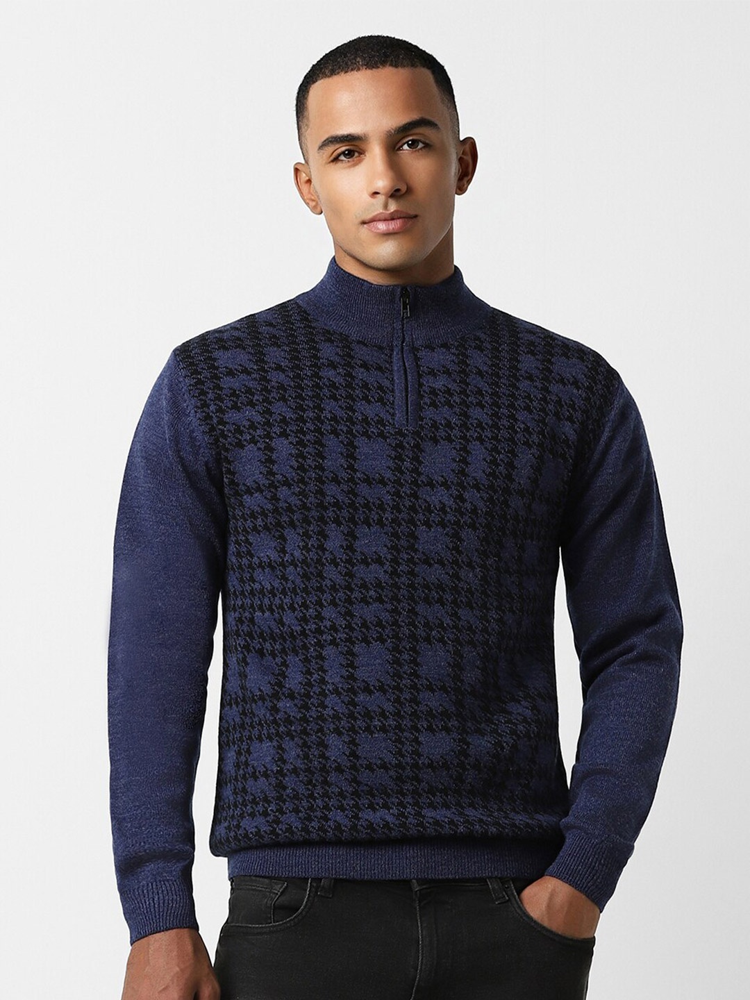 

Peter England Casuals Patterned Mock Collar Pure Cotton Pullover, Navy blue