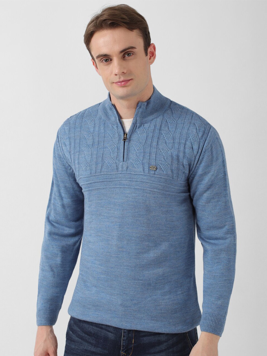 

Peter England Casuals Self Designed Mock Collar Pure Acrylic Sweater, Blue