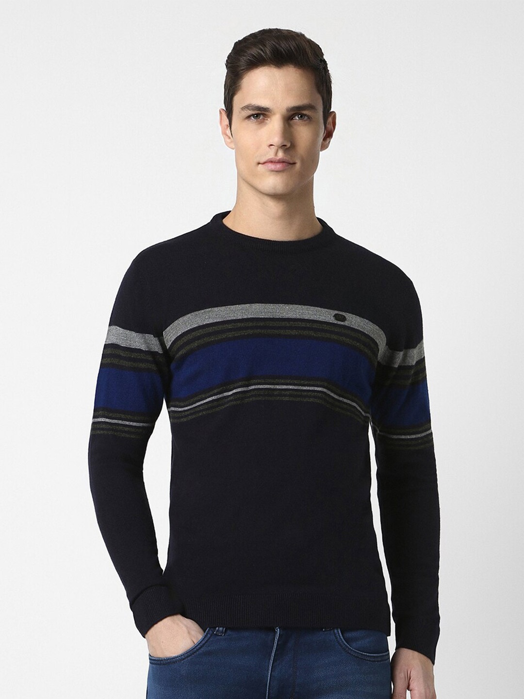 

Peter England Casuals Striped Crew Neck Pure Acrylic Pullover, Navy blue