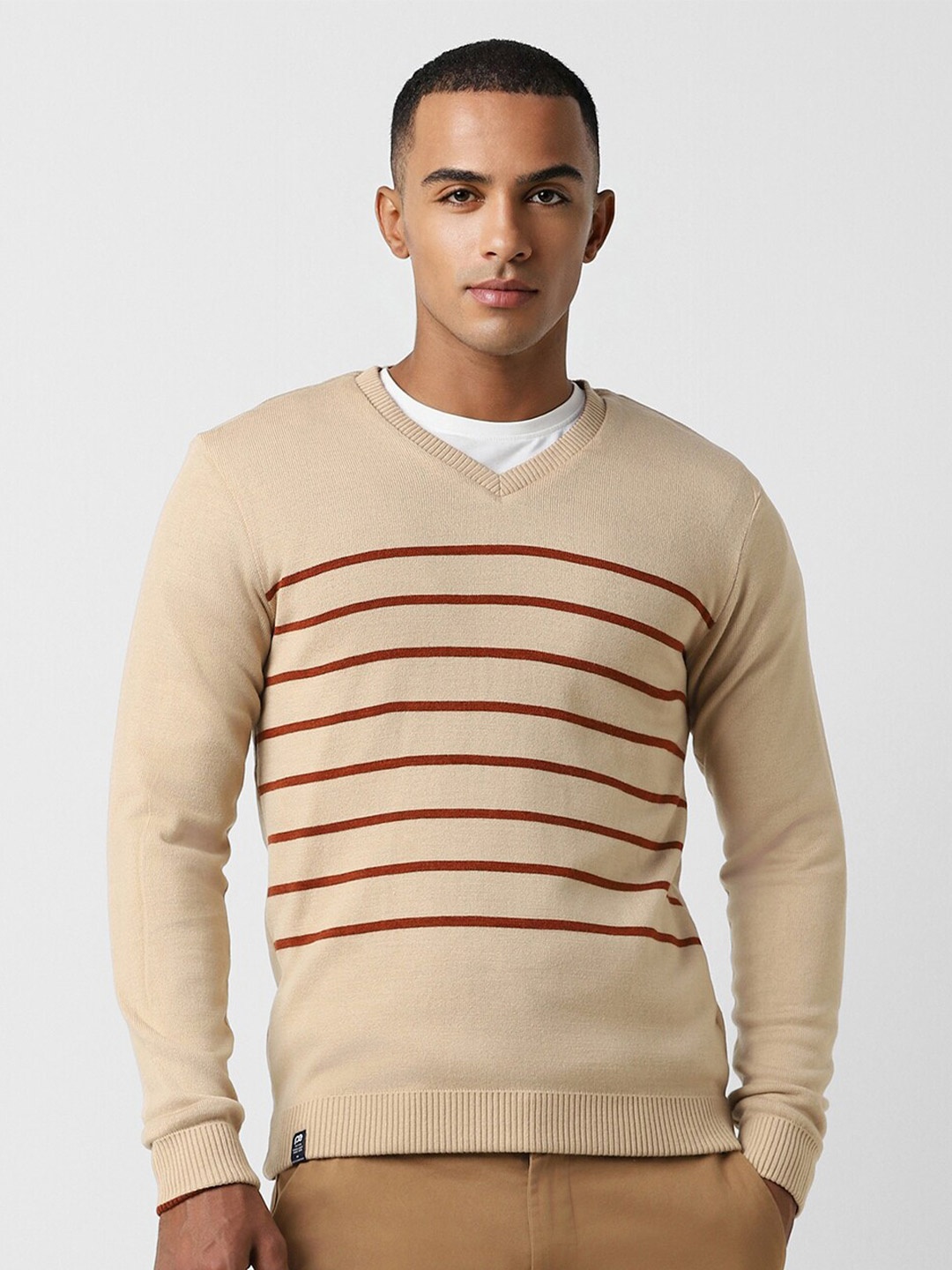 

Peter England Casuals Striped V-Neck Pure Acrylic Pullover, Beige