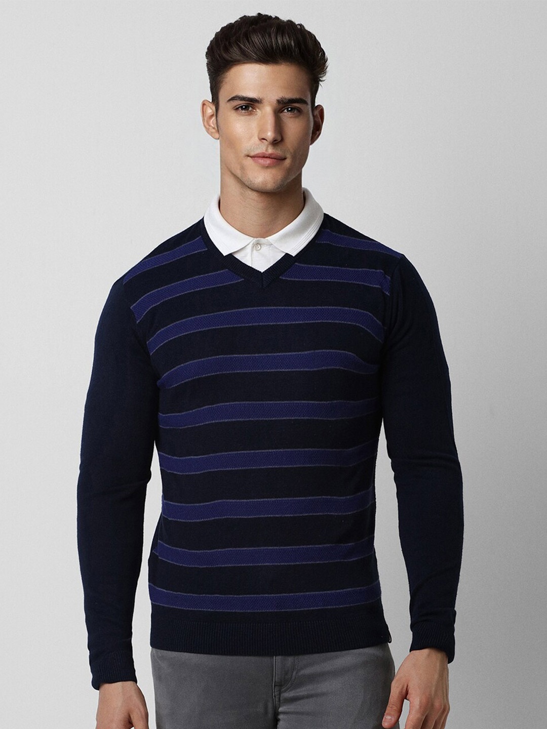 

Peter England Casuals Striped V-Neck Long Sleeves Pure Cotton Pullover Sweater, Navy blue