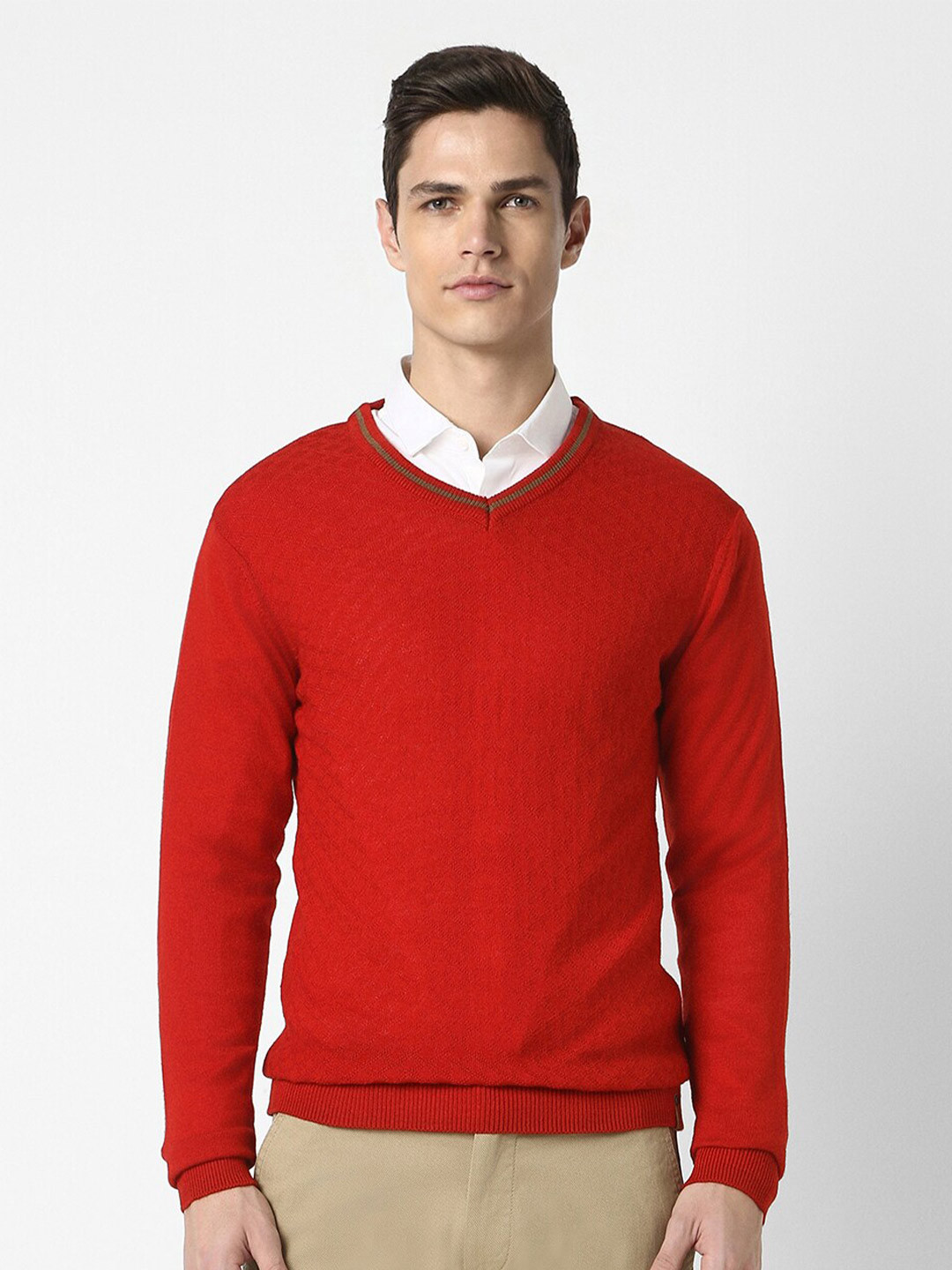 

Peter England Casuals Geometric Self Designed V-Neck Pure Acrylic Pullover, Red