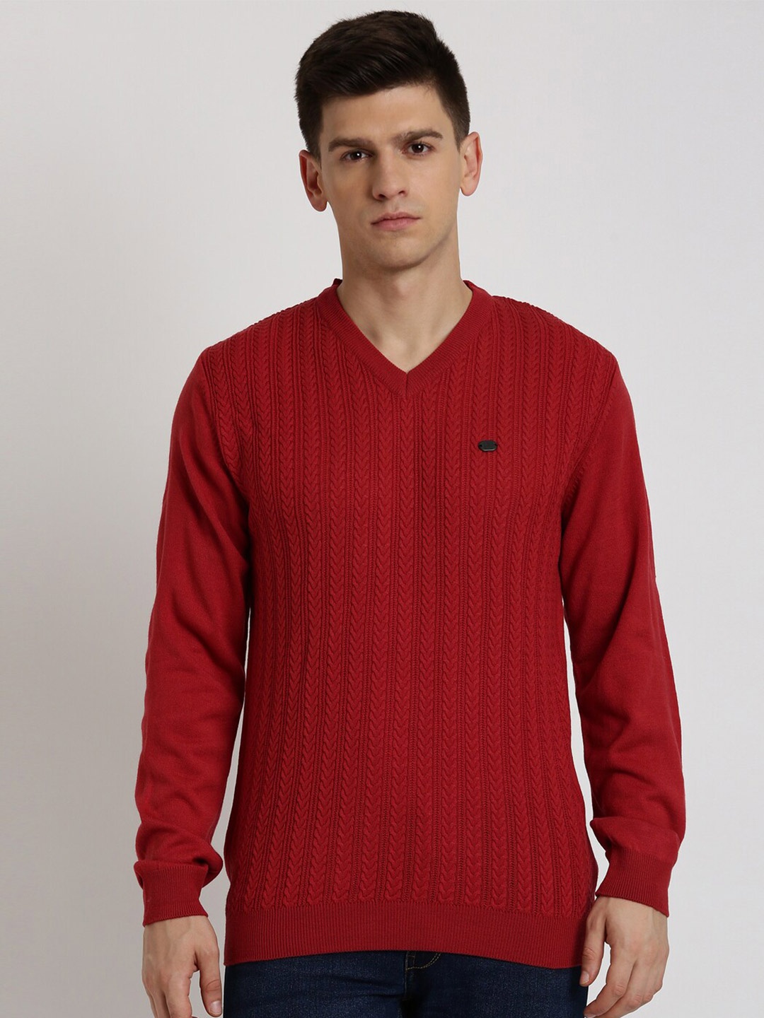 

Peter England Casuals Cable Knit V-Neck Pure Acrylic Pullover, Red