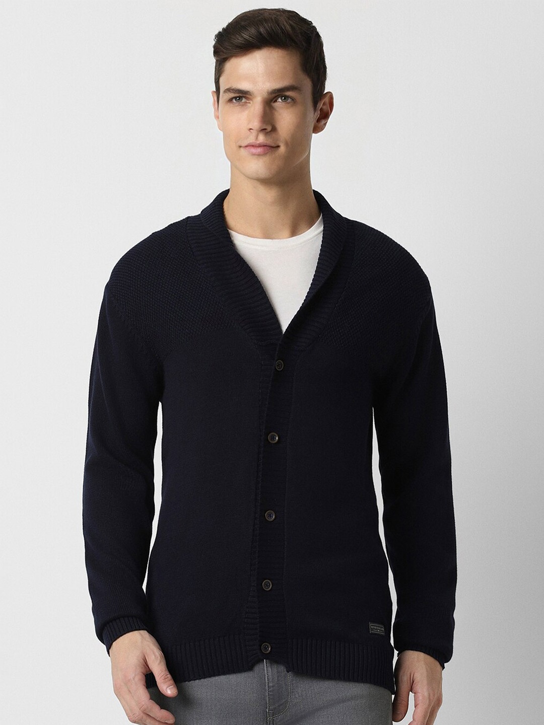 

Peter England Casuals Textured Shawl Collar Pure Cotton Cardigan, Navy blue