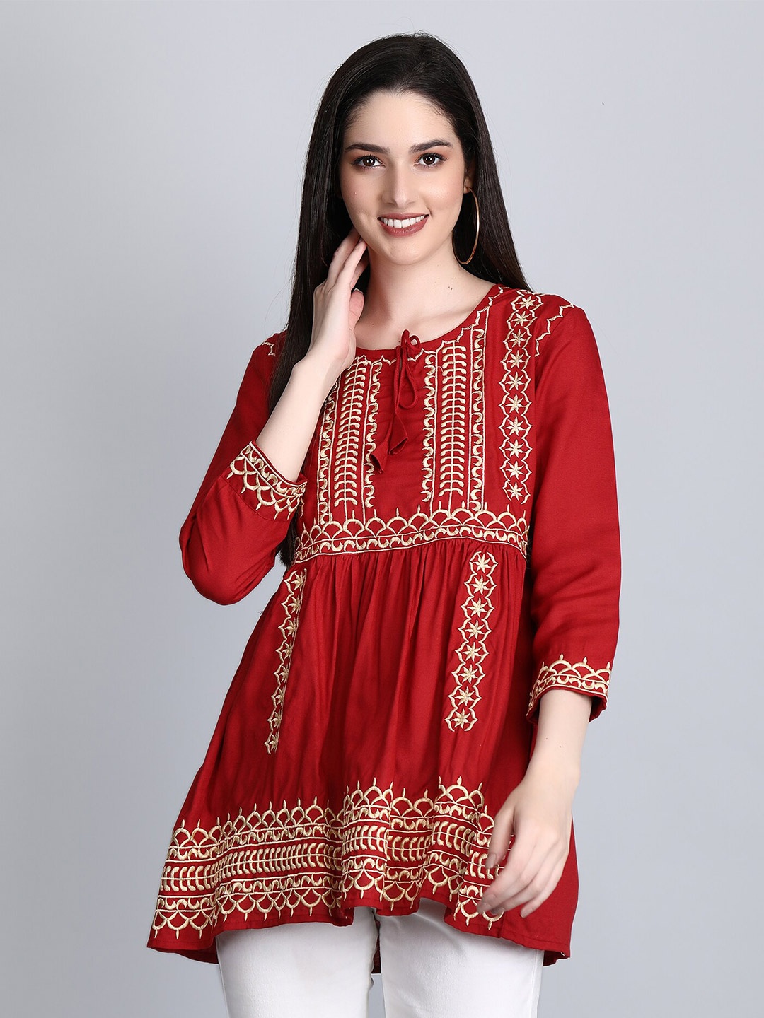 

SGRF Ethnic Motifs Embroidered Tie-Up Neck A-Line Pleated Kurti, Red
