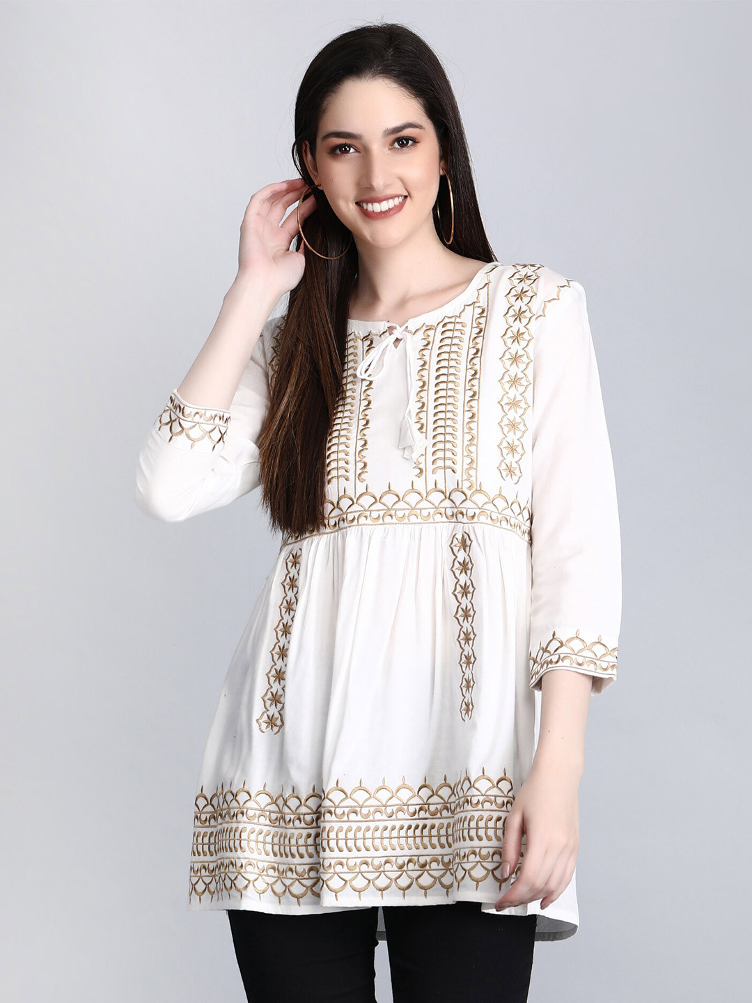 

SGRF Ethnic Motifs Embroidered Tie-Up Neck A-Line Pleated Kurti, White