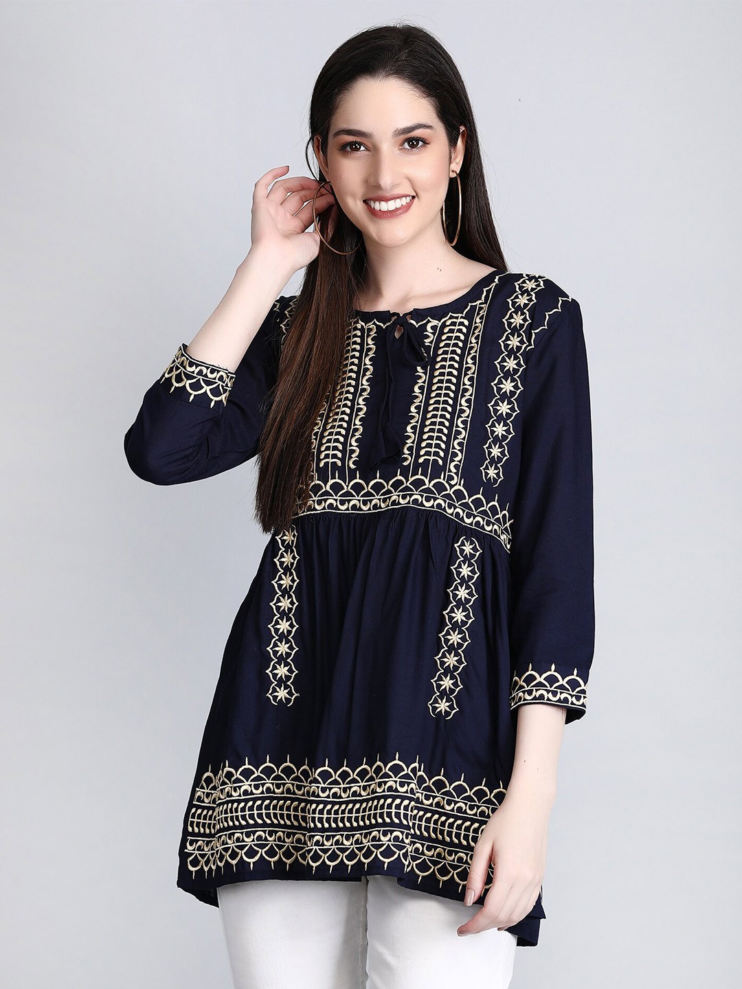 

SGRF Ethnic Motifs Embroidered Tie-Up Neck A-Line Pleated Kurti, Blue