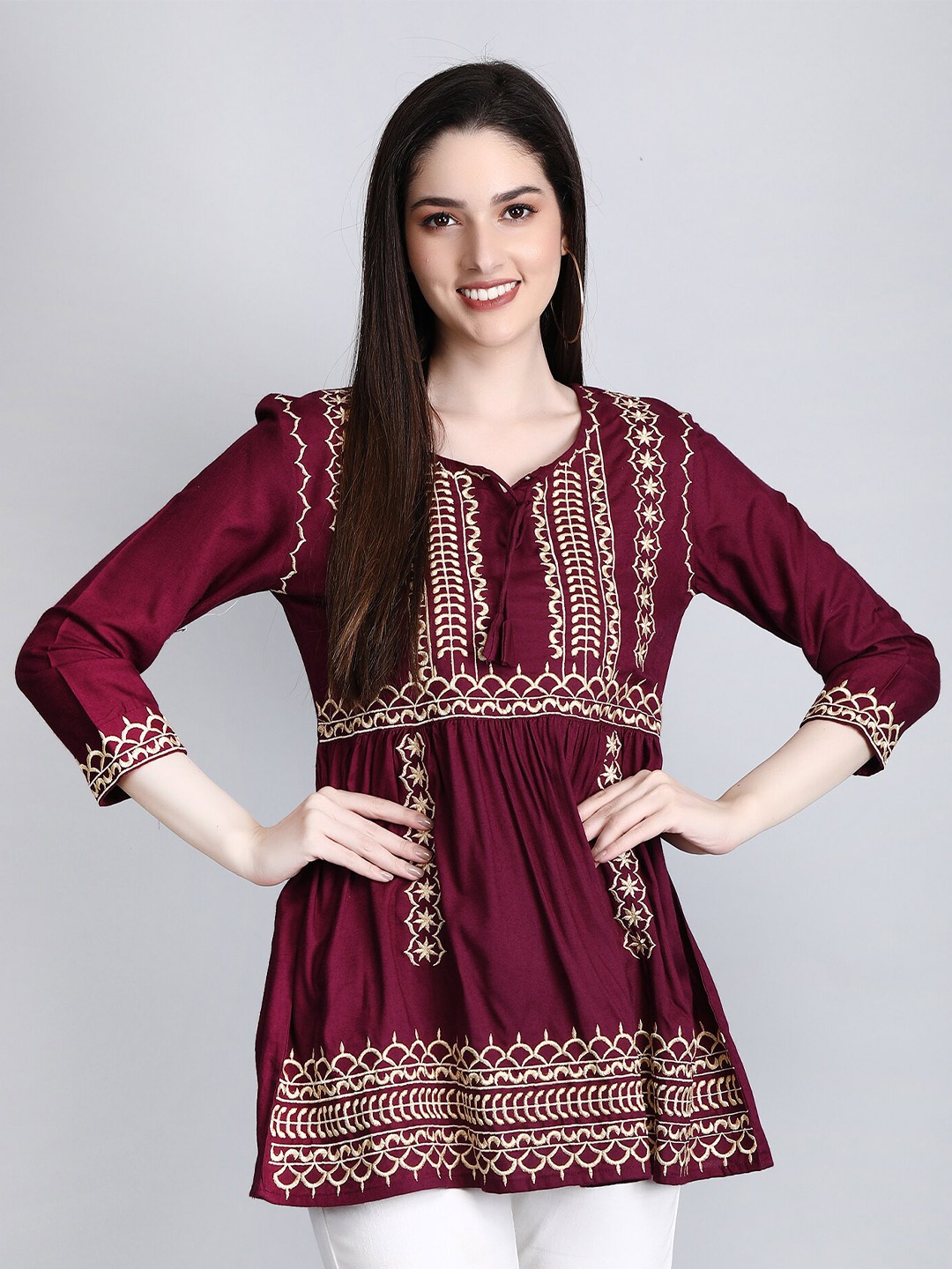

SGRF Ethnic Motifs Embroidered Tie-Up Neck A-Line Pleated Kurti, Maroon