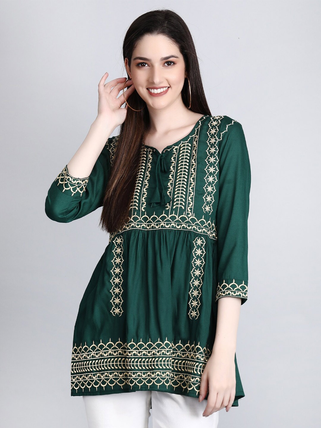 

SGRF Ethnic Motifs Embroidered Tie Up Neck Kurti, Green