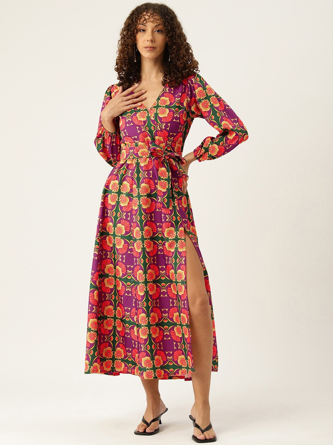 

Sleek Italia Ethnic Motifs Print Puff Sleeve Crepe Wrap Midi Dress, Purple