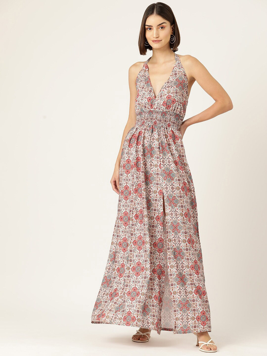 

Sleek Italia Ethnic Motifs Print Halter Neck Smocked Crepe Maxi Dress, Beige