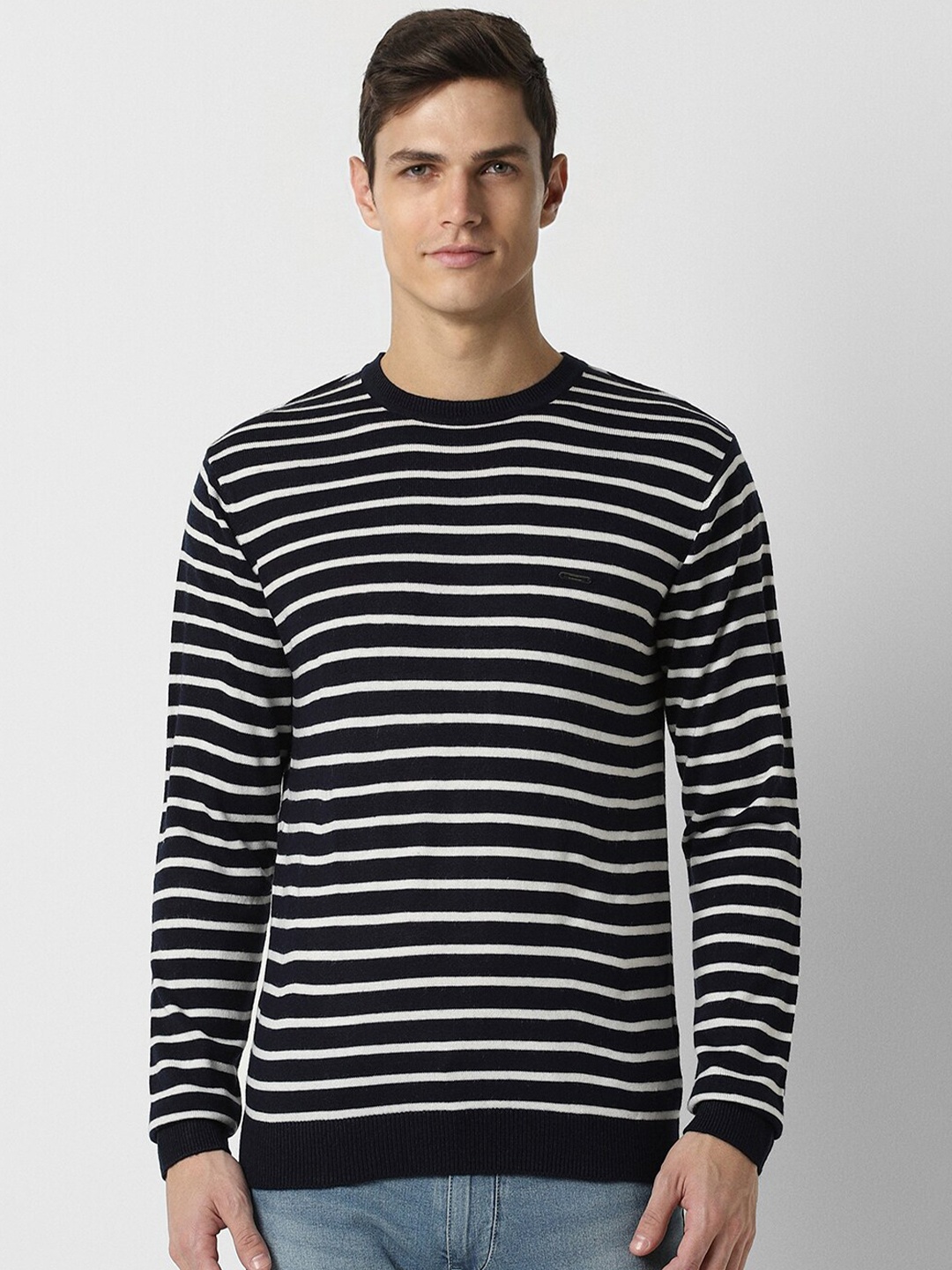

PETER ENGLAND UNIVERSITY Striped Crew Neck Pure Acrylic Pullover Sweater, Black