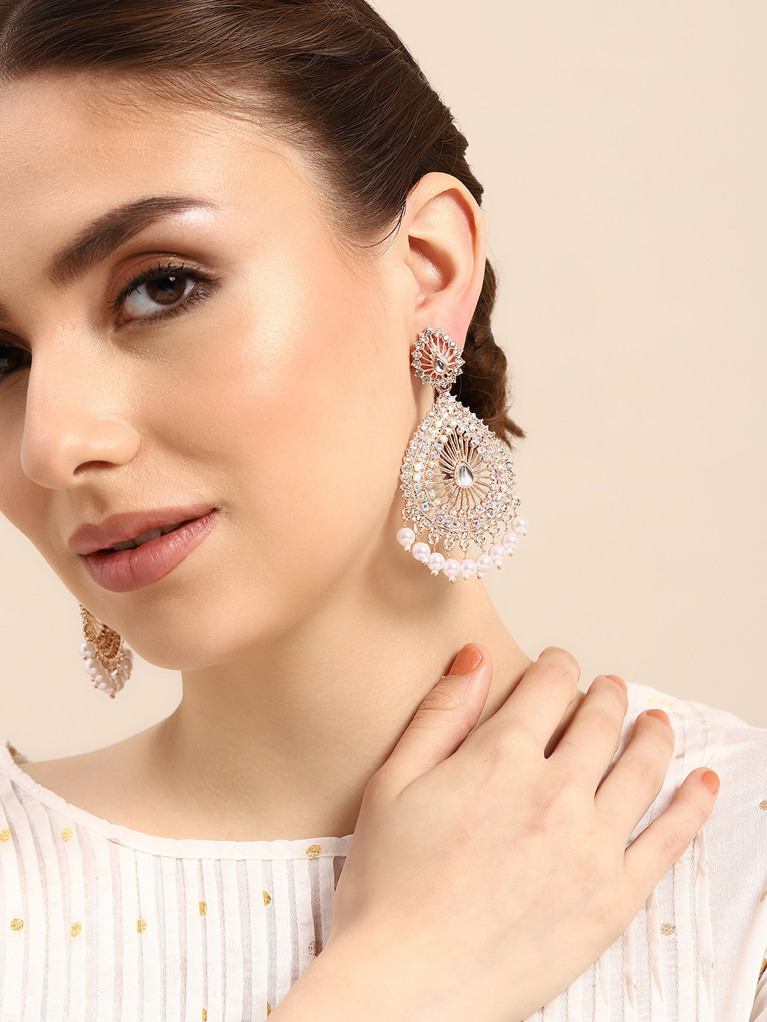 

House of Pataudi Gold-Plated Stones-Studded Teardrop Shaped Drop Earrings